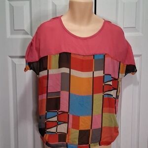 Chic Patchwork Women's Blouse - Pink and Multicolor